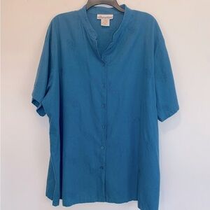 Silhouettes Linen Blend Coastal Blue Button Up Tunic Top 3X